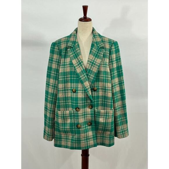 SEZANE Sz 46 14 Green Tan Check Plaid Wool Michele Jacket Blazer - Picture 7 of 12